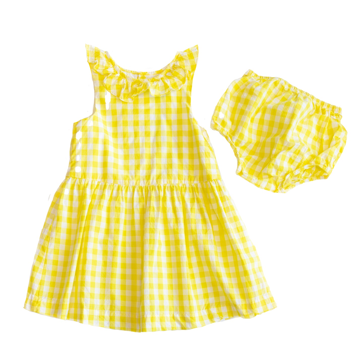 [24m] Jacadi Yellow Check Print Ruffle Collar Sleeveless Dress w/Bloomers