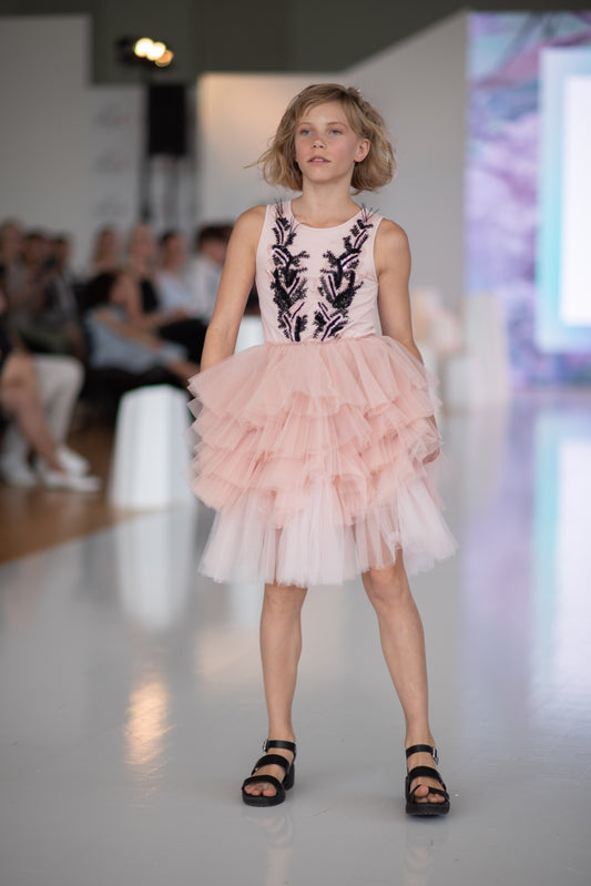 [10/11y] Tutu Du Monde Pink Tulle Dress w/Black Feathers
