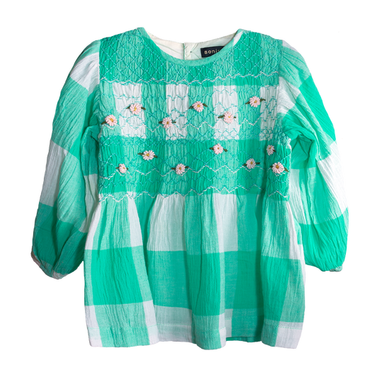 6y] Bonjour Diary Check Girls Blouse w/Floral Embroidery