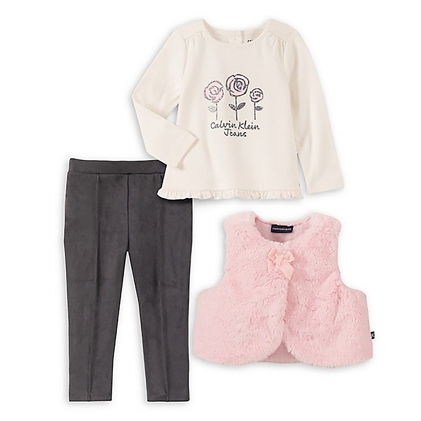 [24m] Calvin Klein Baby Girl's 3-Piece Faux Fur Vest, Top & Pants Set BNWT