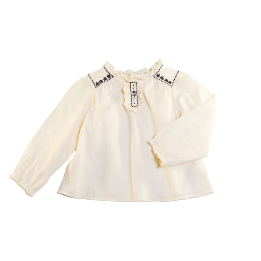 [12*-24m] Bonpoint Baby Ruffle Collar LS White W/Black Embroidery Blouse