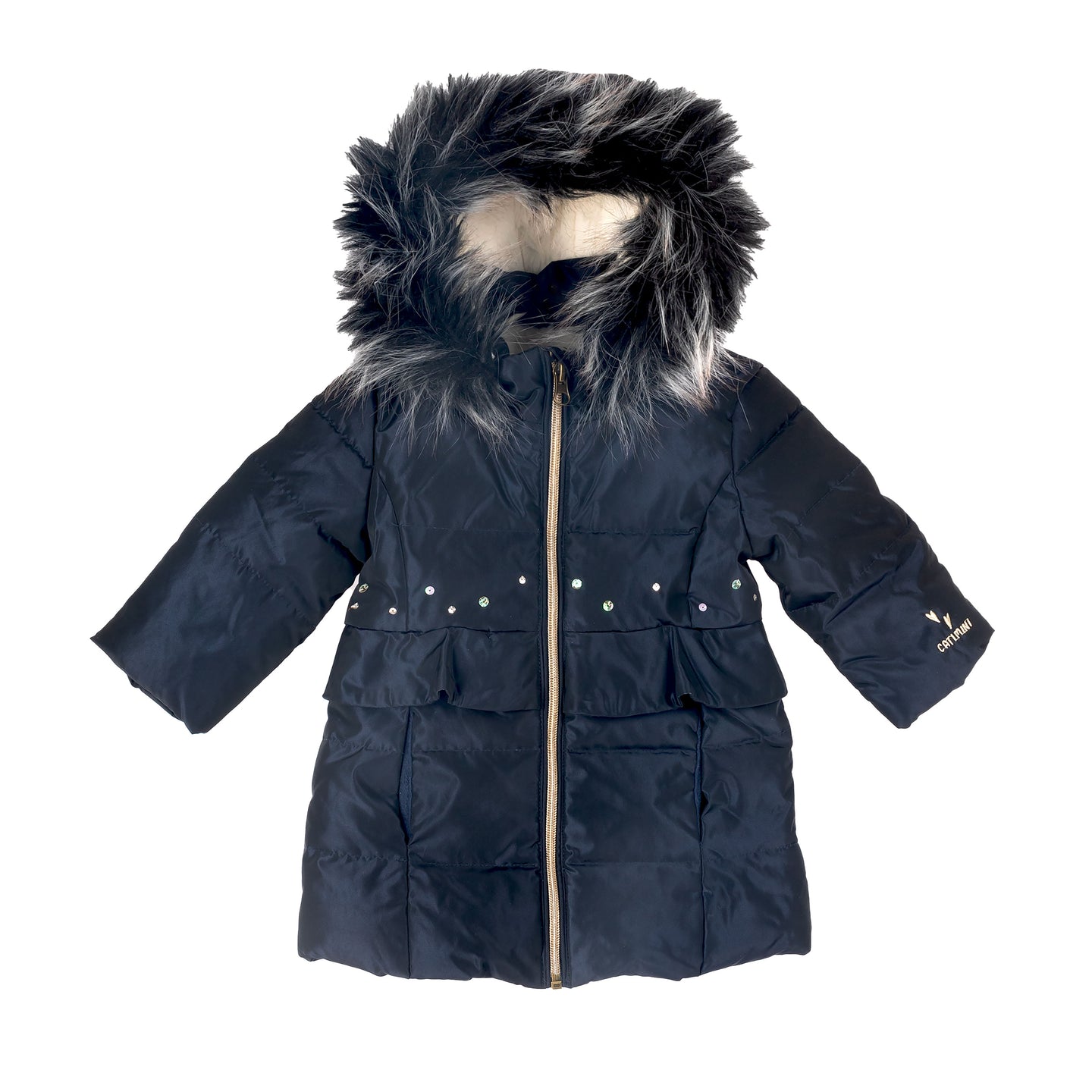 [12-18m] Catimini Navy Girls Sherpa Lined Long Coat w/Faux Fur Hood