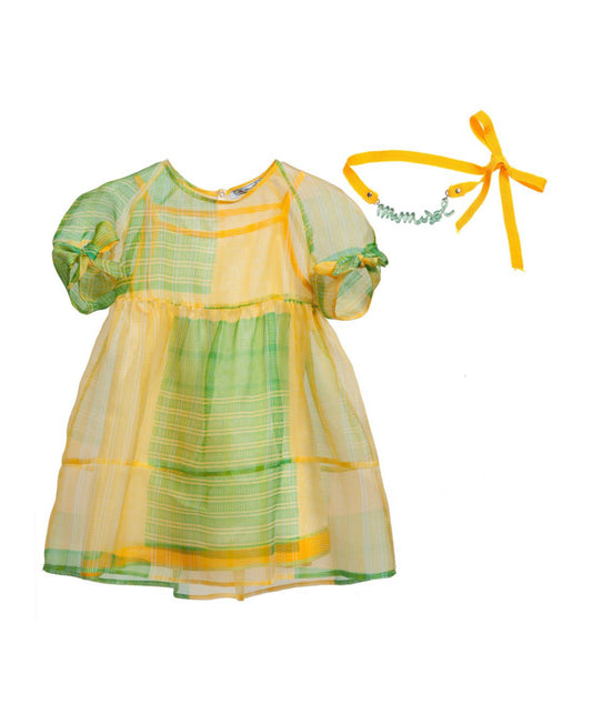[5y*] MI MI SOL Yellow & Green Check Silk Chiffon Dress BNWT