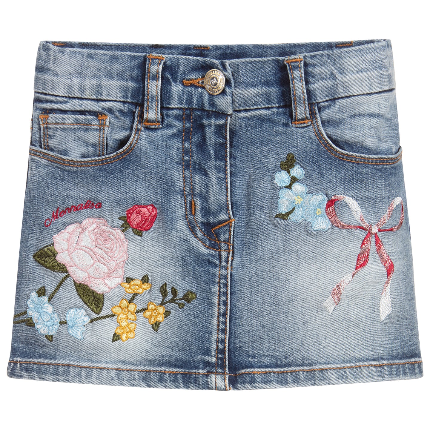 [5y] Monnalisa Girls Denim Skirt w/Floral Graphics
